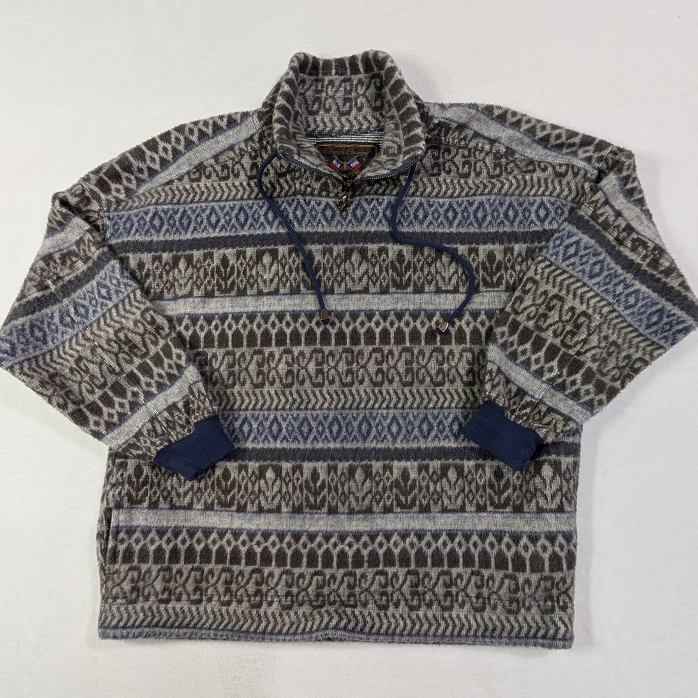 vtg‎ French Country Express Blue Patterned Quarter-Zip Sweatshirt Mens Size S